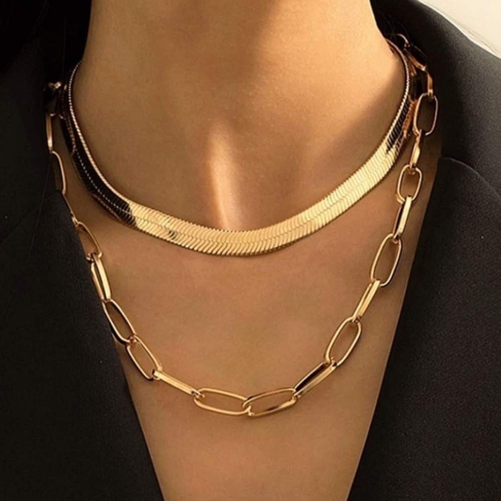 Wide Layered Herringbone Paperclip Chain Necklace Set nwt ✅